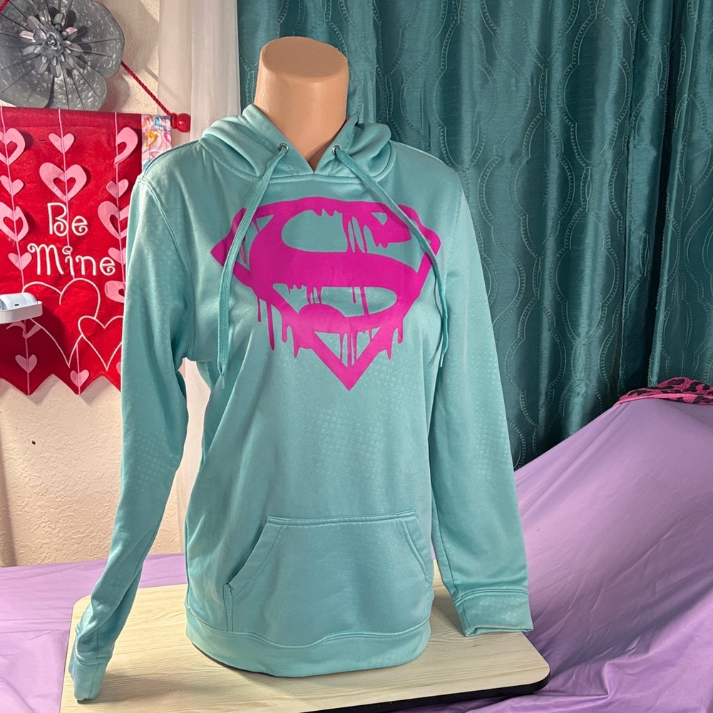 Teal Hoodie with Pink Superman Logo